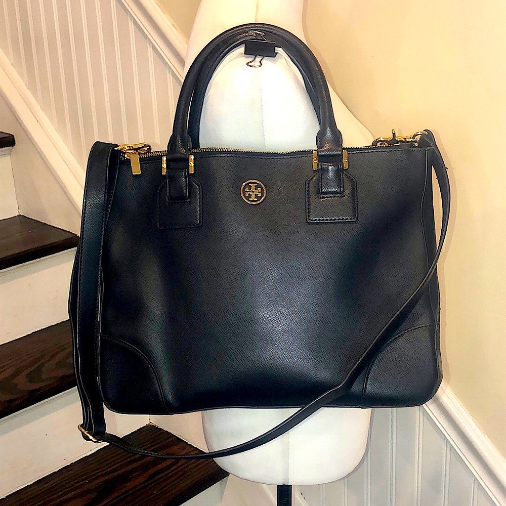 TORY BURCH Robinson Black Saffiano Leather Satchel Crossbody Shoulder Bag